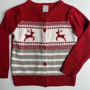 Gymboree Sweater Size 4 XS Deer Cardigan Snowflake style Red White Gray Stripes